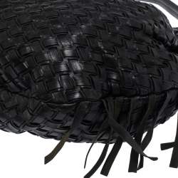 Pre Owned Miu Miu Black Woven Leather Fringe Hobo