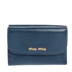 Pre Owned Miu Miu Blue Leather Madras Compact Wallet