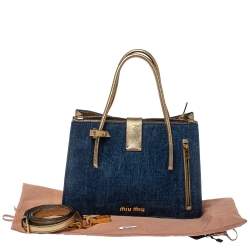 Pre Owned Miu Miu Gold/Blue Madras Leather and Denim Pushlock Tote