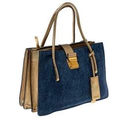 Pre Owned Miu Miu Gold/Blue Madras Leather and Denim Pushlock Tote