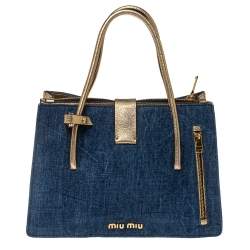 Pre Owned Miu Miu Gold/Blue Madras Leather and Denim Pushlock Tote