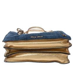 Pre Owned Miu Miu Gold/Blue Madras Leather and Denim Pushlock Tote