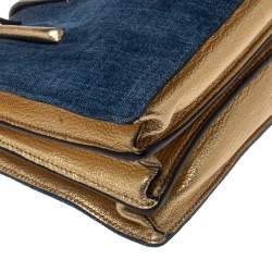 Pre Owned Miu Miu Gold/Blue Madras Leather and Denim Pushlock Tote