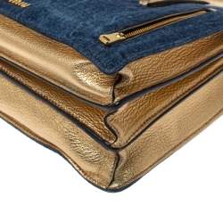 Pre Owned Miu Miu Gold/Blue Madras Leather and Denim Pushlock Tote