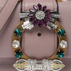 Pre Owned Miu Miu Dusty Pink Madras Leather Crystal Embellished Buckle Flap Shoulder Bag