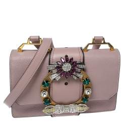 Pre Owned Miu Miu Dusty Pink Madras Leather Crystal Embellished Buckle Flap Shoulder Bag