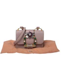 Pre Owned Miu Miu Dusty Pink Madras Leather Crystal Embellished Buckle Flap Shoulder Bag