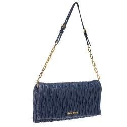 Pre Owned Miu Miu Blue Matelassé Leather Flap Shoulder Bag