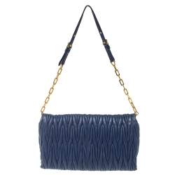 Pre Owned Miu Miu Blue Matelassé Leather Flap Shoulder Bag