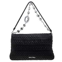 Pre Owned Miu Miu Black Matelasse Leather Crystal Shoulder Bag