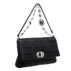 Pre Owned Miu Miu Black Matelasse Leather Crystal Shoulder Bag
