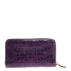 Pre Owned Miu Miu Purple Croc Embossed Leather Zip Around Wallet