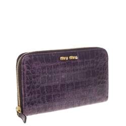 Pre Owned Miu Miu Purple Croc Embossed Leather Zip Around Wallet