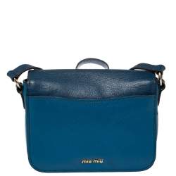 Pre Owned Miu Miu Two Tone Blue Madras Leather Pushlock Flap Shoulder Bag