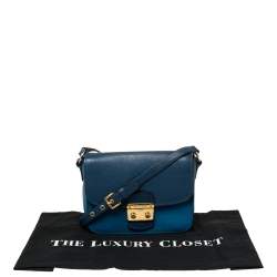 Pre Owned Miu Miu Two Tone Blue Madras Leather Pushlock Flap Shoulder Bag