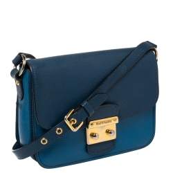 Pre Owned Miu Miu Two Tone Blue Madras Leather Pushlock Flap Shoulder Bag