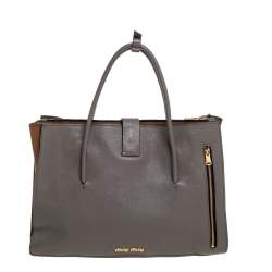 Pre Owned Miu Miu Grey/Tan Madras Leather Large Push Lock Tote