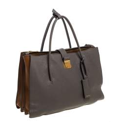 Pre Owned Miu Miu Grey/Tan Madras Leather Large Push Lock Tote