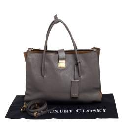 Pre Owned Miu Miu Grey/Tan Madras Leather Large Push Lock Tote