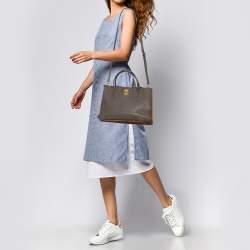 Pre Owned Miu Miu Grey/Tan Madras Leather Large Push Lock Tote