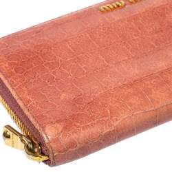 Miu Miu Peach Croc Embossed Leather Zip Around Wallet