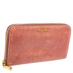 Miu Miu Peach Croc Embossed Leather Zip Around Wallet