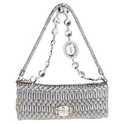 Pre Owned Miu Miu Metallic Silver Matelasse Leather Crystal Shoulder Bag