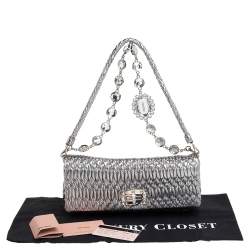 Pre Owned Miu Miu Metallic Silver Matelasse Leather Crystal Shoulder Bag