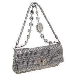 Pre Owned Miu Miu Metallic Silver Matelasse Leather Crystal Shoulder Bag