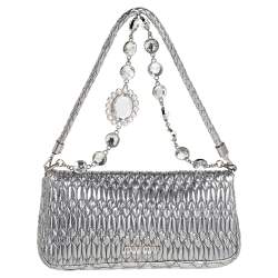 Pre Owned Miu Miu Metallic Silver Matelasse Leather Crystal Shoulder Bag