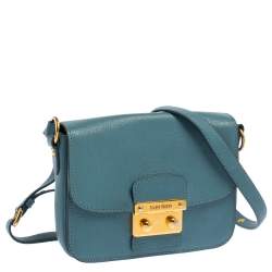 Pre Owned Miu Miu Blue Madras Leather Pushlock Flap Shoulder Bag
