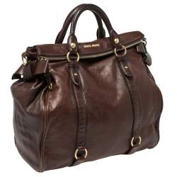 Pre Owned Miu Miu Dark Brown Vitello Lux Leather Side Bow Tote
