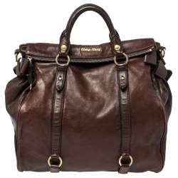 Pre Owned Miu Miu Dark Brown Vitello Lux Leather Side Bow Tote