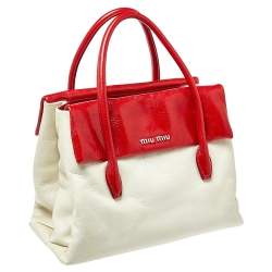 Pre Owned Miu Miu Red/Cream Vitello Shine Leather Double Flap Tote