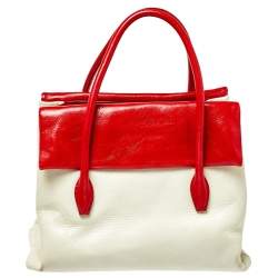 Pre Owned Miu Miu Red/Cream Vitello Shine Leather Double Flap Tote
