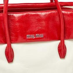 Pre Owned Miu Miu Red/Cream Vitello Shine Leather Double Flap Tote