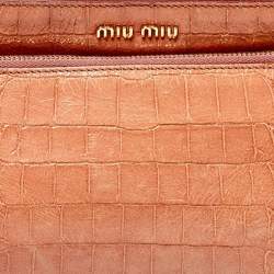 Pre Owned Miu Miu Pink Croc Embossed Leather Crossbody Bag