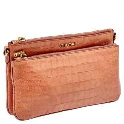 Pre Owned Miu Miu Pink Croc Embossed Leather Crossbody Bag