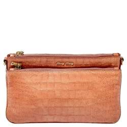 Pre Owned Miu Miu Pink Croc Embossed Leather Crossbody Bag