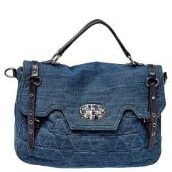 Pre Owned Miu Miu Blue Quilted Denim and Leather Paloma Top Handle Bag