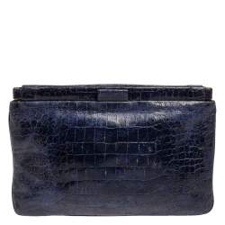 Pre Owned حقيبة كلتش ميو ميو إطار جلد لامعة نقش تمساح أزرق