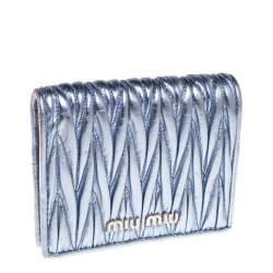 Miu Miu Metallic Blue Matelassé Leather Flap Compact Wallet