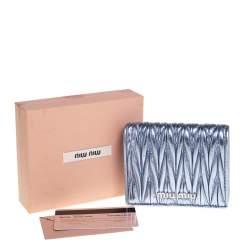 Miu Miu Metallic Blue Matelassé Leather Flap Compact Wallet