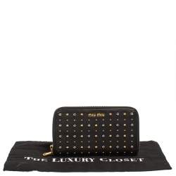 Pre Owned Miu Miu Black Leather Studded Zip Around Wallet