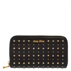 Pre Owned Miu Miu Black Leather Studded Zip Around Wallet
