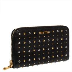 Pre Owned Miu Miu Black Leather Studded Zip Around Wallet