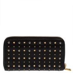 Pre Owned Miu Miu Black Leather Studded Zip Around Wallet