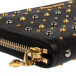 Pre Owned Miu Miu Black Leather Studded Zip Around Wallet