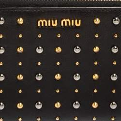 Pre Owned Miu Miu Black Leather Studded Zip Around Wallet