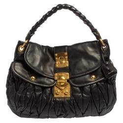 Pre Owned Miu Miu Black Matelassé Lux Leather Coffer Hobo